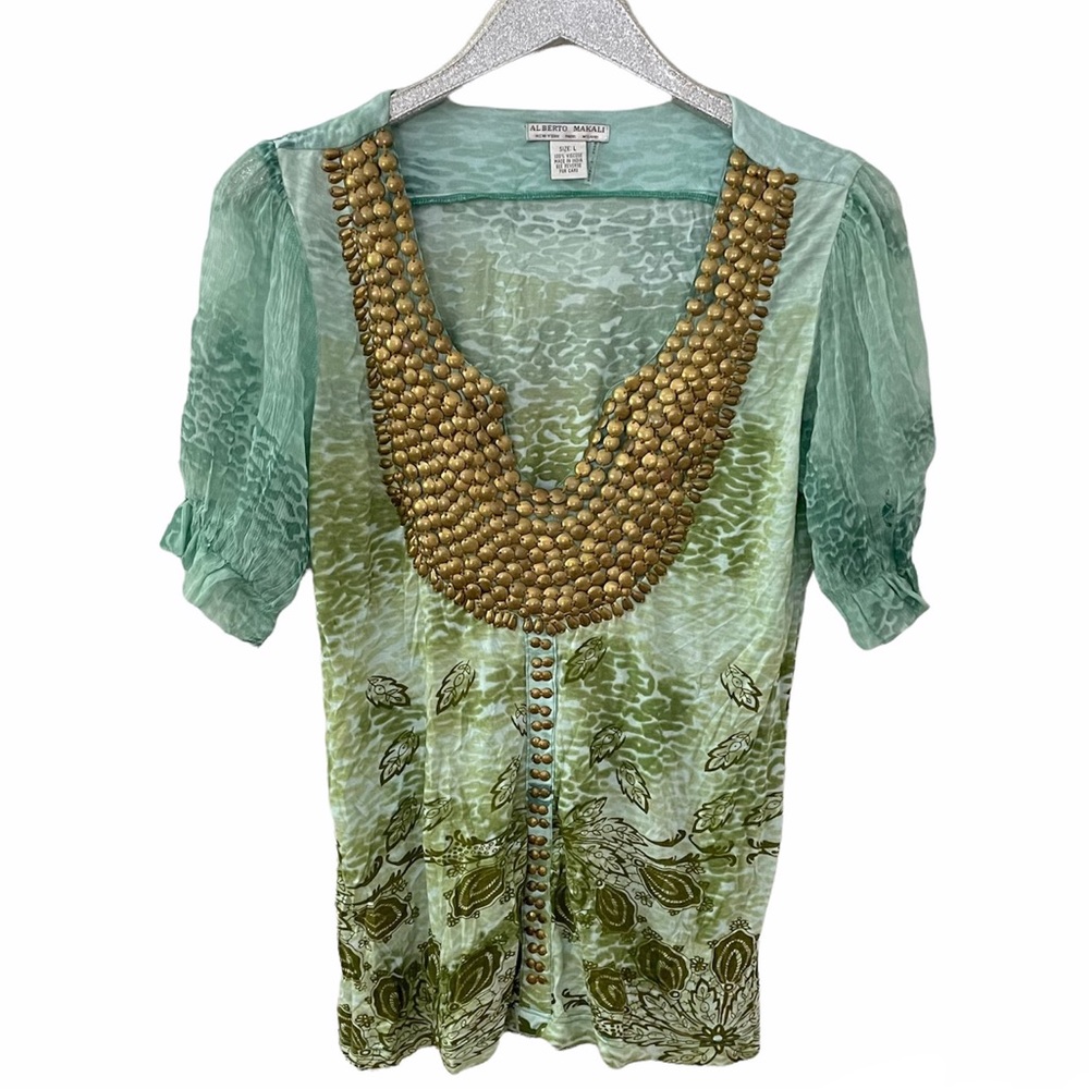 Alberto Makali Seafoam Green and Gold Embellished Blouse